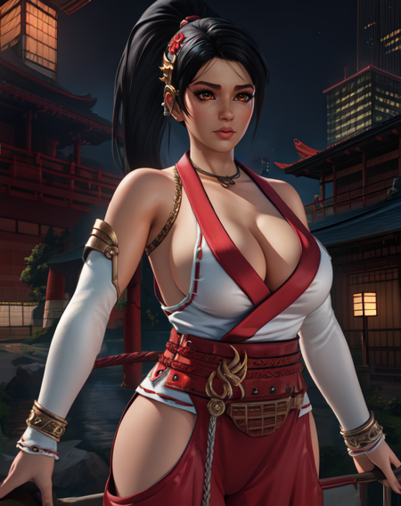 Momiji,black hair,brown eyes,ponytail,
detached sleeves,japanese clothes,hip vent,hair ornament,cleavage,necklace,red pants,
night,city,temple,
(insanely detailed, beautiful detailed face, masterpiece, best quality) cinematic lighting,<lora:Momiji:0.8>,