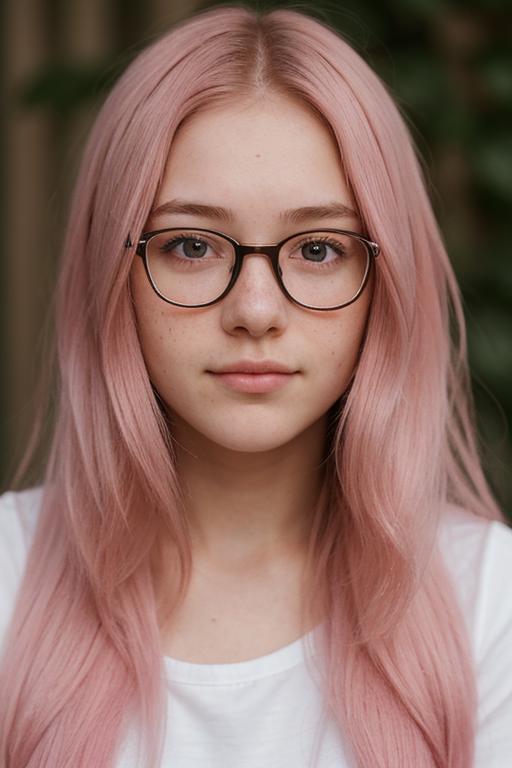 Pink-haired girl with glasses posing for a close-up photo.