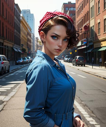 RosieRiveter,  short_hair, brown_hair, curly_hair, pompadour, blue_eyes, makeup, polka dot bandana,  RosieJumpsuit, blue_jumpsuit, sleeves rolled up, black_belt,  RosieLeotard, blue_leotard, shirt_collar, open-collar, cleavage, buttons, sleeves rolled up, red_belt, no_bra, 