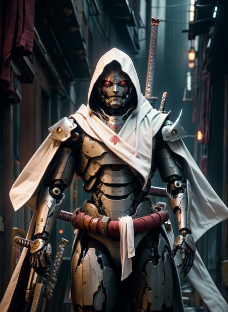 (masterpiece, best quality:1.3),extremely high detailed, 1male robot wearing cloak, (white cloak:1.2), holding sword, katana, god of war, intricate, 8k, HDR, wallpaper, cinematic lighting, (universe), ), (fighting other characters:1.2), glowing, armor, glowing eyes, mecha, large wings, <lora:Samuraibot:0.7>