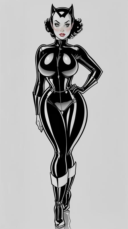 high detailed, masterpiece, BW illustration of catwoman in black latex suit and high heel boots, perfect hands, big breast, wide hips, thick thighs, from above, posing sexy, looking at viewer, pin up pose, simple scene, shinny floor, black and white image, monochromeatic, <lora:Ch4v3zStyle:0.7>