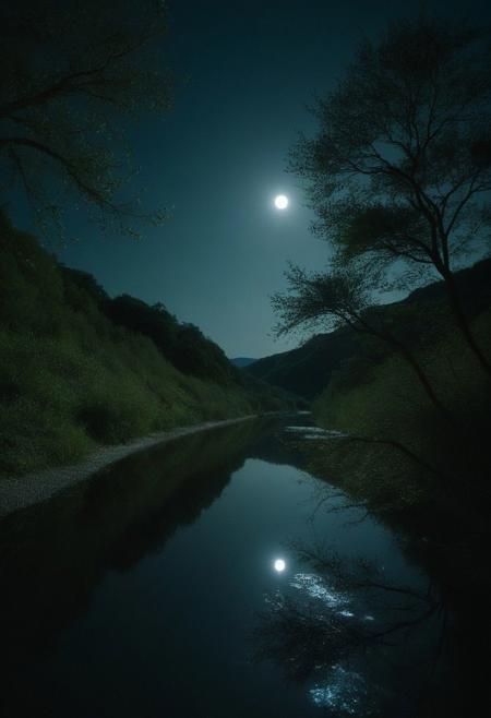night serene landscape backlit (Deep Focus) contrast (f_stop 2.8), (focal_length 35.0) f/2.8, 35mm focal length Photograph of (view from above:1.3),analog photo,silhouette,spotlight,showing captivating nature, with moonlit forests stretching to the horizon, bathed in a soft, ethereal glow. Trees should stand tall and majestic, their branches reaching towards the star-studded sky. A tranquil river winds its way through the landscape, reflecting the shimmering moonlight. The air is filled with the sweet scent of night-blooming flowers, adding to the enchanting atmosphere. Overall image should evoke a sense of tranquility and wonder. RAW candid cinema,16mm,color graded portra 400 film,remarkable color,ultra realistic,captured on a (Fujifilm X-Pro3) / (f_stop 16.0), (focal_length 24.0