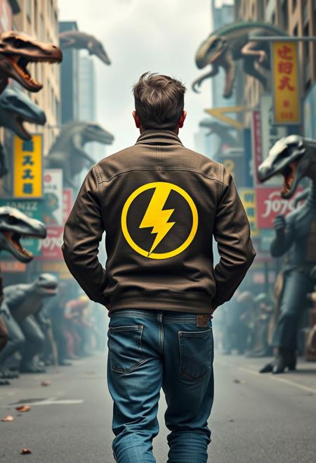 the back view of a man with jeans and a jacket with a yellow bolt logo with his hands in his pocket walking in a crazy street 
in the middle of monsters, dinosaurs, samurais, robots, fantasy characters and movie characters