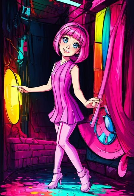 (masterpiece:1.4), (best quality:1.4), (high resolution:1.4), cartoon style, (((oil painting (medium)))), woman, Stephanie(LT) <lora:Stephanie(LT):1>, smile, looking at viewer, cinematic lighting, artstation female body, highly detailed, psychodelic colors background, neon colors, bright eyes, cute face, full body, solo, 1girl, dybamic pose, pale skin, pink hair, bob cut, (petite body), ribbon, pink and purple dress, small breasts, <lora:add_detail:1.1>