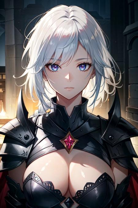 (women:1.2), pretty face, black armor, heavy armor, looking at viewer, realistic,shoulder to shoulder,temple background,violet eyes,ruby gem ornament,centered,templar,cape,portrait, ((white hair)), braid, fit ratio,masterpiece, golden ratio,fit the frame, detailed skin texture, (blush:0.5), (goosebumps:0.5), subsurface scattering, (Extremely Detailed Oil Painting:1.2), glow effects, godrays, Hand drawn, render, 8k, octane render, cinema 4d, blender, dark, atmospheric 4k ultra detailed, cinematic sensual, Sharp focus, humorous illustration, big depth of field, Masterpiece, colors, 3d octane render, 4k, concept art, trending on artstation, hyperrealistic, Vivid colors, extremely detailed CG unity 8k wallpaper, trending on ArtStation, trending on CGSociety, Intricate, High Detail, dramatic