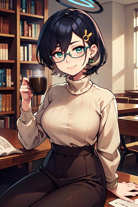  zzChihiro, green eyes, black hair, short hair, glasses, halo, hair ornament blue cardigan, blue necktie, white shirt, black skirt, pleated skirt, wristwatch, open jacket ,