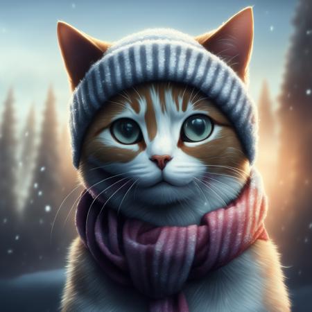 a cute skinny cat wearing a toque and scarf in the snow, realistic, at artstation and behance, art by wcat8-v2-2000, cinematic lighting, night, heavy snowfall, snowstorm