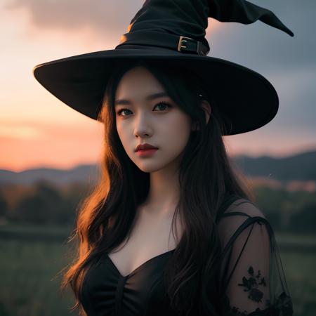 hyper realistic lifelike texture dramatic lighting unreal engine trending on art station, award winning photo, nikon RAW photo,8 k, Fujifilm XT3,masterpiece, best quality, realistic, photorealistic, ultra detailed, extremely detailed face, solo,1girl, standing, fashionable and trendy atmosphere, black dress, (witch hat), at dark fields,