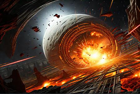 large space station under attack by star fighters, explosions, lasers, desert planet and warp tunnel in the background, thm style