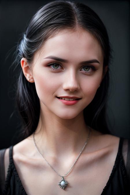 CrystalG_SoloTI_v1,
 <lora:add_detail:0.6>,<lora:LowRa:0>, a woman, perfect hair, posing, (vintage photo, tunic), (closeup portrait), necklace, 24mm, (tintype), (analog, cinematic, film grain:1.3), ((plaing Charcoal Gray background, gradient)), ((detailed eyes)), smiling, (epicPhoto)