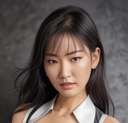 Hyunjoo, official identification photo of a young woman in a (elegant detailed white tight secretary shirt :1.5), (cleavage:1.5), (professional photo , studio lighting, hard light, sony a7, 50 mm, (hyperrealistic), big depth of field, mate skin, pores, colors, hyperdetailed, best quality, photorealistic, 8k, high res, best quality), 1girl, (portrait),  (dark grey photostudio background:1.4) , looking at viewer, (eye contact:1.4), piercing eyes, happy, smirk, smile, intricate<lora:Hyunjoo:1.0>