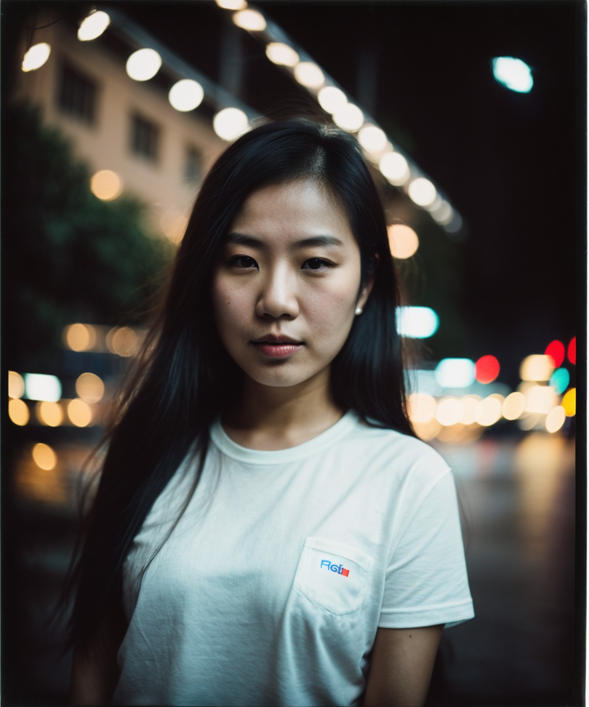 polaroid photo, high quality, night photo, portrait photo of 26 y.o asian woman, wearing casual clothes, bokeh, motion blur