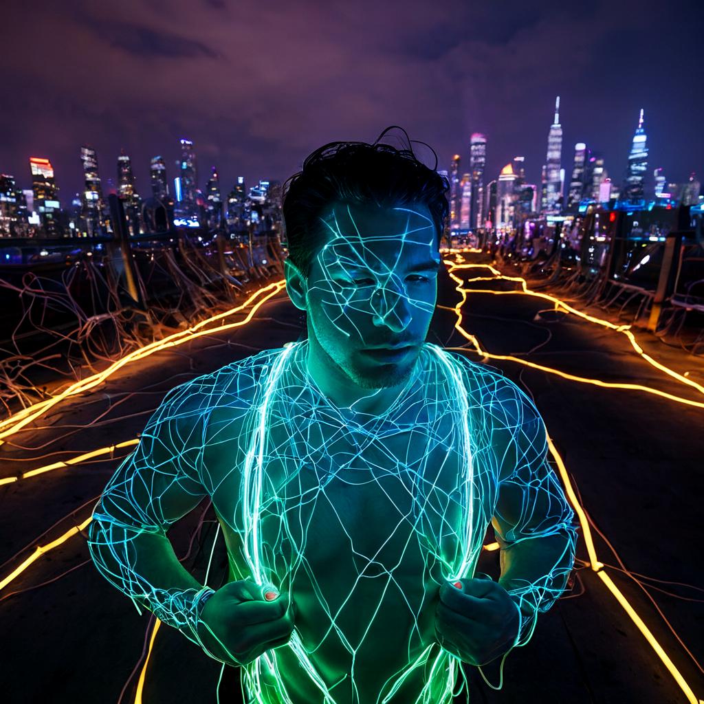 long shot scenic professional photograph of A hyperrealistic portrait of a man whose body is being consumed by glowing neon wires, each wire wrapping around his limbs and sinking into his skin, glowing brightly with electric light. His face is calm, despite the chaos, with wires twisting around his eyes, nose, and mouth, as they light up his features in bright neon colors. His hair has become a mass of glowing wires that pulse with energy. Behind him, the background is a vast, futuristic cityscape of towering neon skyscrapers and glowing wires that stretch into the sky, casting sharp, electric shadows on everything., perfect viewpoint, highly detailed, wide-angle lens, hyper realistic, with dramatic sky, polarizing filter, natural lighting, vivid colors, everything in sharp focus, HDR, UHD, 64K