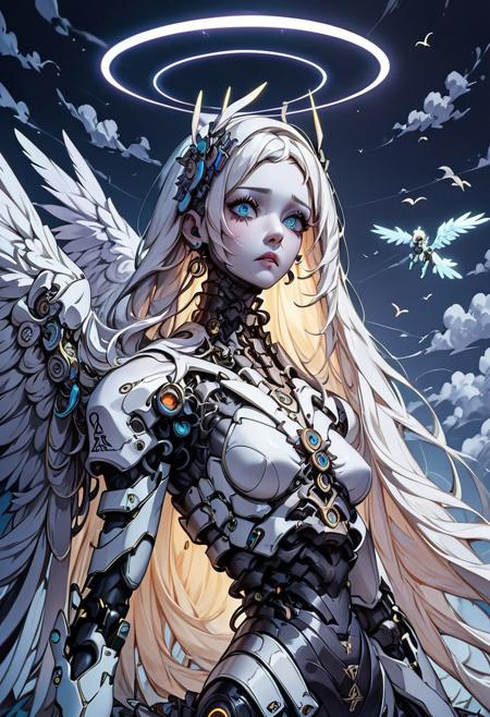 score_9, score_8_up, score_7_up, xenotr1p, (angel), (wings), (white, marble), mcnm, absurdres, (UHD), pure, sad look, (halo), holy, white glow, angelic, Robot Skin, Android Skin, perfecteyes, , surrounded by clouds, highly detailed, best quality, masterpiece, digital_art, <lora:Mechanism-pdxl-1:1.0>,
composition;(flying), (close up), (unfocused look)