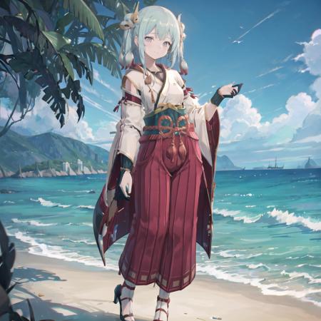 masterpiece, shiny, 1girl, outfit-mikoattire, standing, (high heels), breasts, solo, small breasts, long hair, thighs, habit, smile, chromatic aberration abuse, best quality ,outdoors, wide sleeves,hakama,seaside   <lora:001V2_outfit-000006:1>