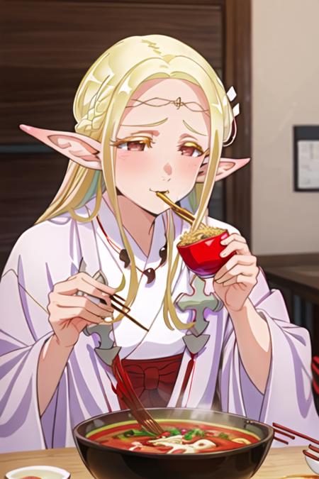 eruda_edomaeelf blonde_hair, pointy_ears, long_hair, elf, blush, circlet, hair_ornament, flower, hair_flower, red_eyes