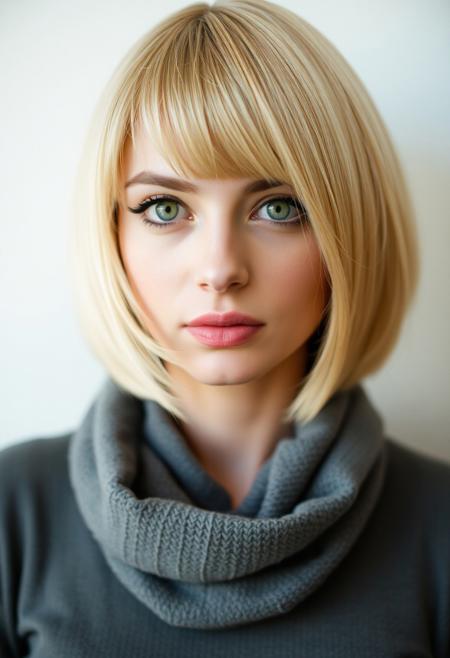 woman, blonde bobcut hair, parted half hair, green and blue eyes, eyeliner