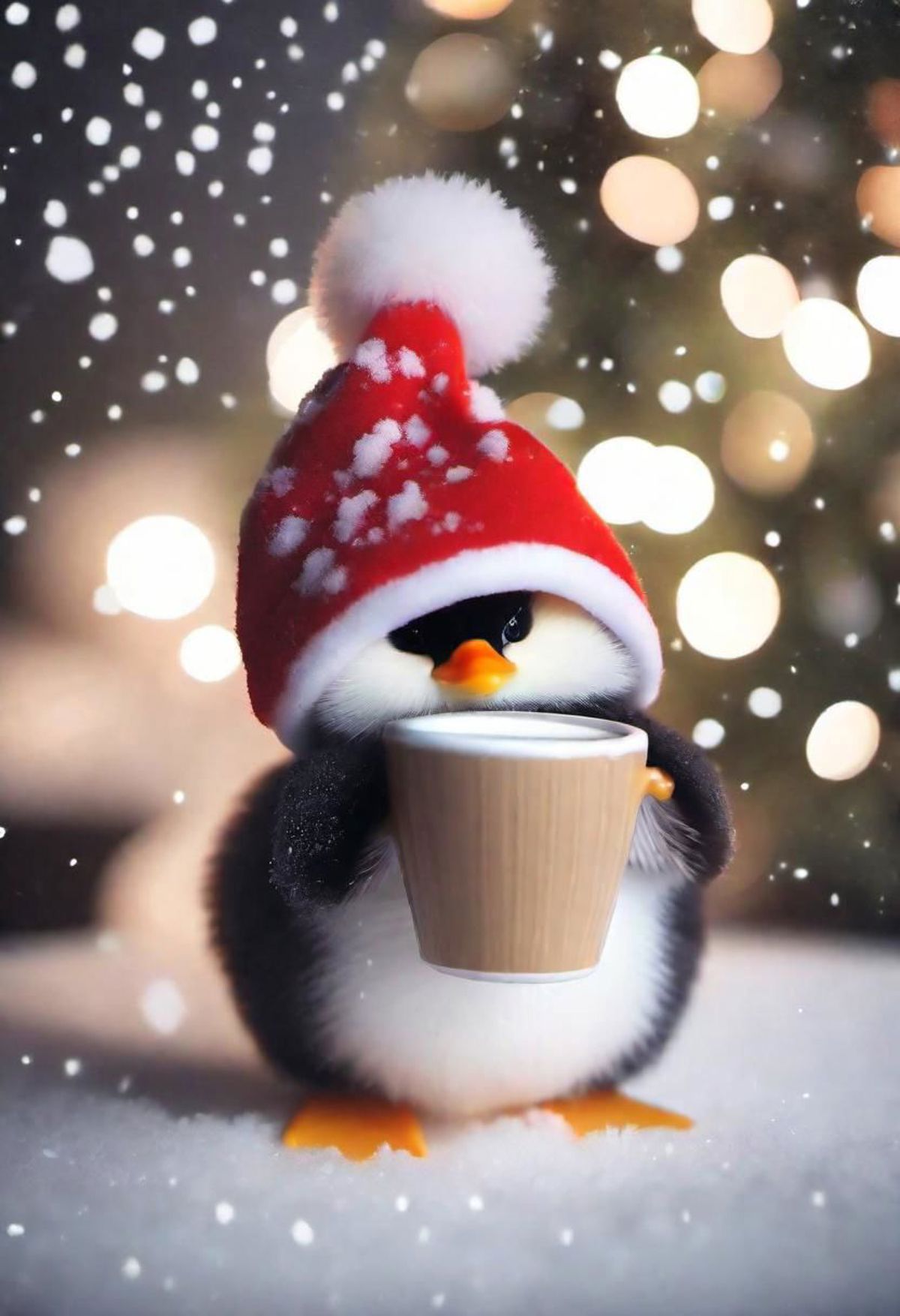 Adorable Penguin Wearing a Santa Hat and Holding a Mug of Coffee