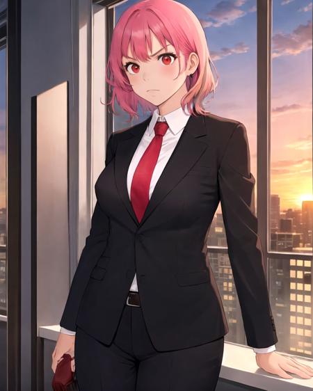 cowboy shot, pink hair, medium hair, red eyes, serious, breasts, black suit, formal suit, red necktie, office, window, sunset, <lora:Cuzukago:0.7>