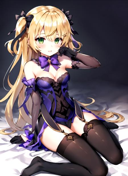 best quality,lovely_girl, 1girl, solo, long hair, breasts, looking at viewer, , bangs, blonde hair, thighhighs, dress, bow, bare shoulders, medium breasts, sitting, very long hair, green eyes, hair ribbon, pantyhose, small breasts,  black gloves, black thighhighs,  bowtie,  purple bow, brown thighhighs, purple bowtie, ,<lora:lovely_girl_v1:0.7>