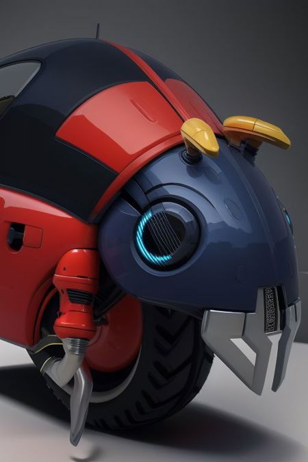Motobug, ladybug, red shell with black spots, blue eyes, wheel, antenna, 2 fangs