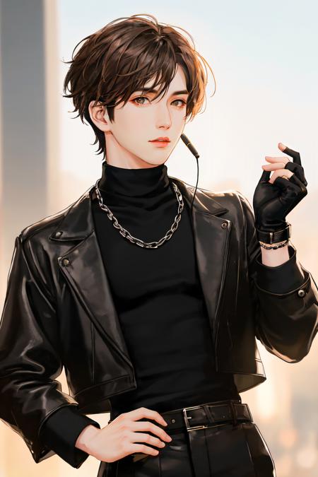 (1man:1.6),(male:1.6),<lora:ShinwonKo:0.8>,(male focus:1.4),(looking at viewer:1.2),solo,short hair,(brown hair:1.2),fingerless laced up gloves,long sleeves,closed mouth,omnidirectional headset mic,single earset wireless microphone,fingerless black gloves,pants,chain necklace,black shirt,turtleneck,chain,ring,leather pants,black belt,fingerless leather gloves,realistic,subsurface scattering,absurdres,realistic proportions,perfect lighting,side lighting,(vibrant colors),film still,HDR,photographed by Canan EOS R6,1/1250s,f/2.8,ISO 400,photorealistic,sharp focus,