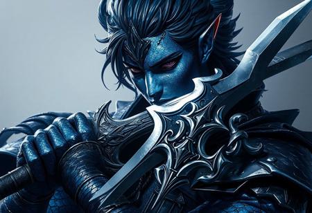 "Create a highly detailed, realistic portrait of a Black Luster Soldier - Envoy of the Beginning with a Divine Sword - Phoenix Blade, inspired by dark souls III and featured on AmiAmi. The character should exhibit a dynamic pose, with blue scales and platinum skin. The design should incorporate elements of video game character design and that of a blacksmith. Consider incorporating dark, mysterious, and cinematic elements, with a focus on sharp, defined features. The final piece should be trending and highly detailed, suitable for a concept art piece."