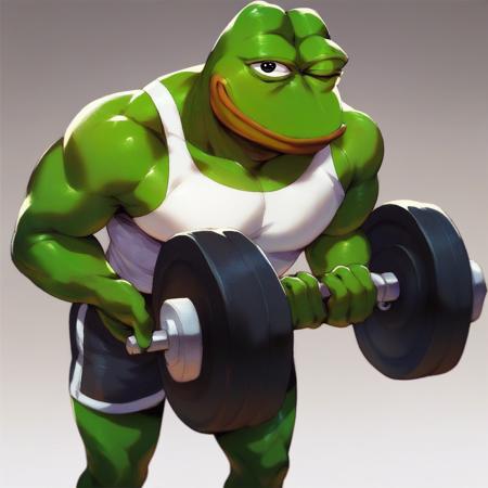 score_9, score_8_up, score_7_up, score_6_up, score_5_up, score_4_up, pepe the frog lifting weights at the gym, frog, amphibian, looking at viewer, male, muscular, wink, solo <lora:ponydiffusionv6_pepethefrog:1>