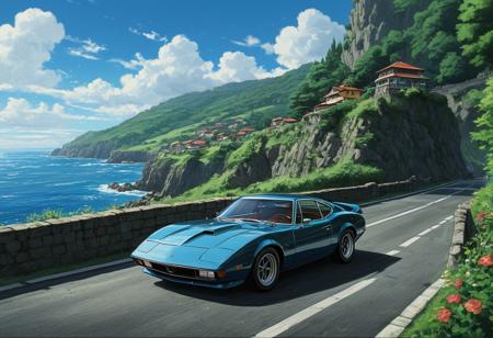 (studio ghibli digital drawing), best quality, masterpiece, extremely detailed,  professional  art,  professional painting, an extremely delicate and beautiful, dynamic,  great lighting, perfect shading, professional shading, depth of field,   side soft light, elegant, gorgeous, highly detailed,   full shot, uncropped,   pure genious, absolutely perfect,  highly detailed, breathtaking, muscle car, sleek and powerful, dynamic turn around a corner, beautiful coastal road,