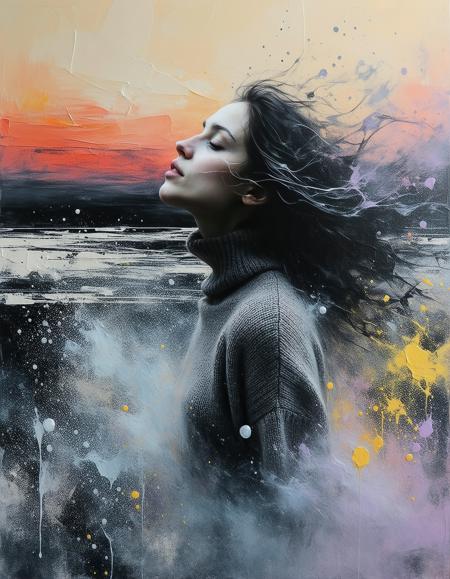 windswept brunette, alabaster skin, fractured by crystalline sugar highlights, swirling inky chaos, yellow wool jumper against liquid gloss.
Impasto oil textures; molten sugar crystallizes on her collarbone. mist clings to her silhouette, dissolving into fractal patterns.
Suspended ink droplets — crushed lavender-red streaks.
Bruise-toned gradients clash with ethereal pastels, depth amplified by anamorphic lens distortion. volatile metamorphosis.
