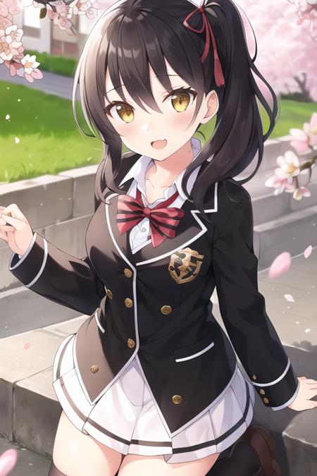 masterpiece, best quality,1girl,solo, komai hasuki,black hair,side ponytail,yellow eyes,hair ribbon,school uniform,black jacket,miniskirt,white skirt,pleated skirt,striped bowtie,black socks,<lora:hasuki:0.6>,outdoors, dynamic pose,lens flare, 
