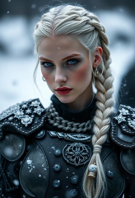 Photo-shoot, of a sexy young beautiful  albino model with Sculpted and graceful body , ( Classic Hollywood makeup style) ( Tight French braid hairstyle , Gunmetal gray hair_color ) (barbarian iron armour) , Blizzard conditions weather , TTL lighting, shot with Sony Alpha A9 Mirrorless camera,  dynamic angle, cinematic, Depth of field, bokeh, best_quality, cinematic, light particles, highly_detailed, very_aesthetic, beautiful_and_aesthetic, top_quality, hyperrealistic, photorealistic, ultra detail, curves, sexy,  Ultra realistic, masterpiece. 8k, HDR,absurd_res, hi_res, detailed face, highly detailed, very aesthetic, Cinematic, absurdres, RAW, source_photo, high quality photography, ,realistic, real life,