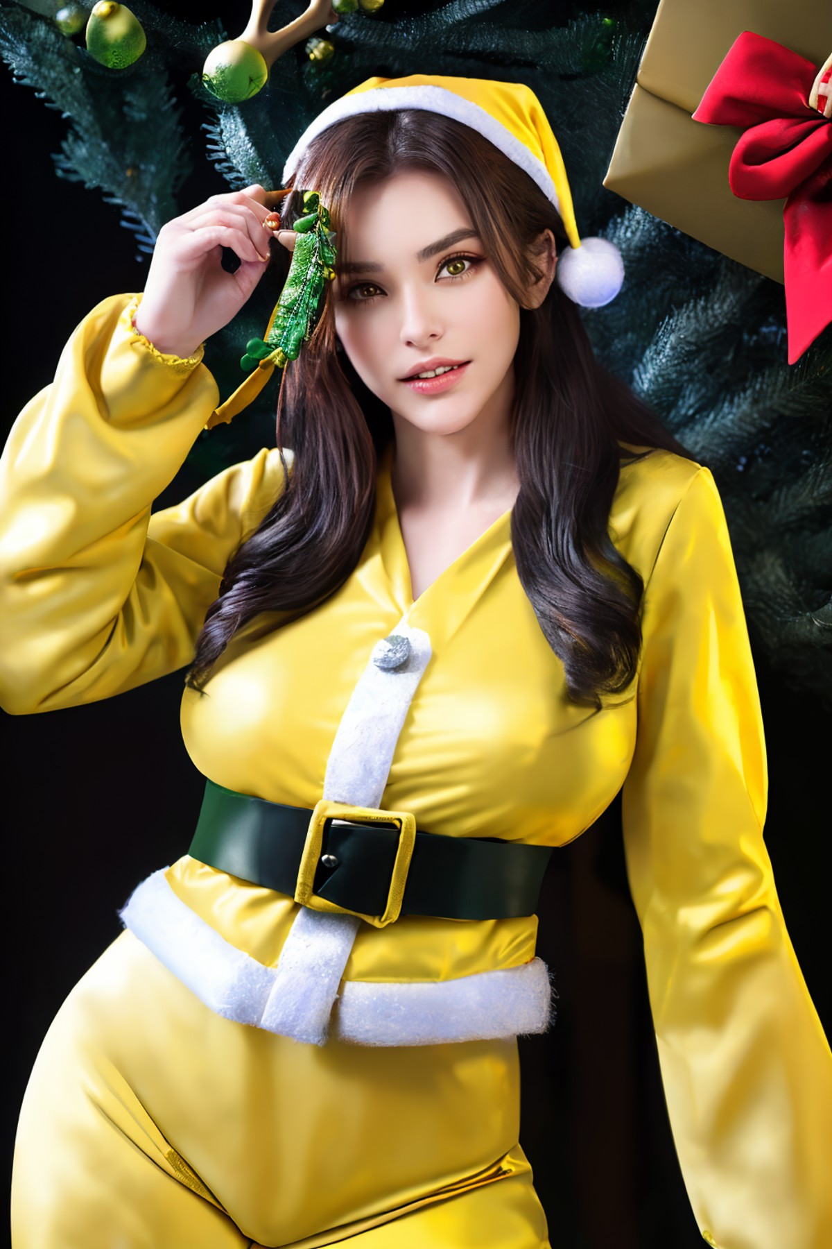 a woman looking for the present under christmas tree, ((Mistletoe Mercenaries:1.5)). christmas, ((yellow santa outfit:1.4))