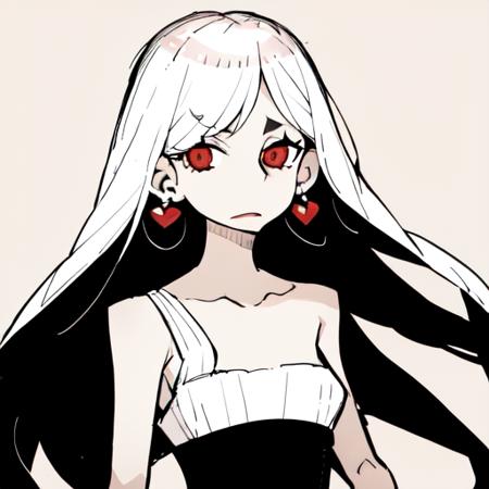 dowman sayman,   <lora:dowman_sayman_lora-30:1>, 1girl, bare shoulders, blush, collarbone, earrings, hair over shoulder, jewelry, long hair, looking down, pointy nose, red lips, shadow, solo, thick eyebrows, thick, eyelashes, white hair, (Magic), Magician, Fire Magician, flower in hair, rose in hair, dress, white hair, red eyes, white summer dress, red rose in hair