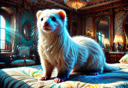 a white ferret made of w00kiee, standing on a luxurious bed in a high-end bedroom, intricate details, morning light, raw photo, cinematic, highly detailed, bright colors, aesthetic, fine detail, polished, complex, vibrant, symmetry, full color, perfect, ambient, unique, illuminated, epic, best, artistic, quality, dramatic, beautiful, stunning, flawless, extremely, very inspirational