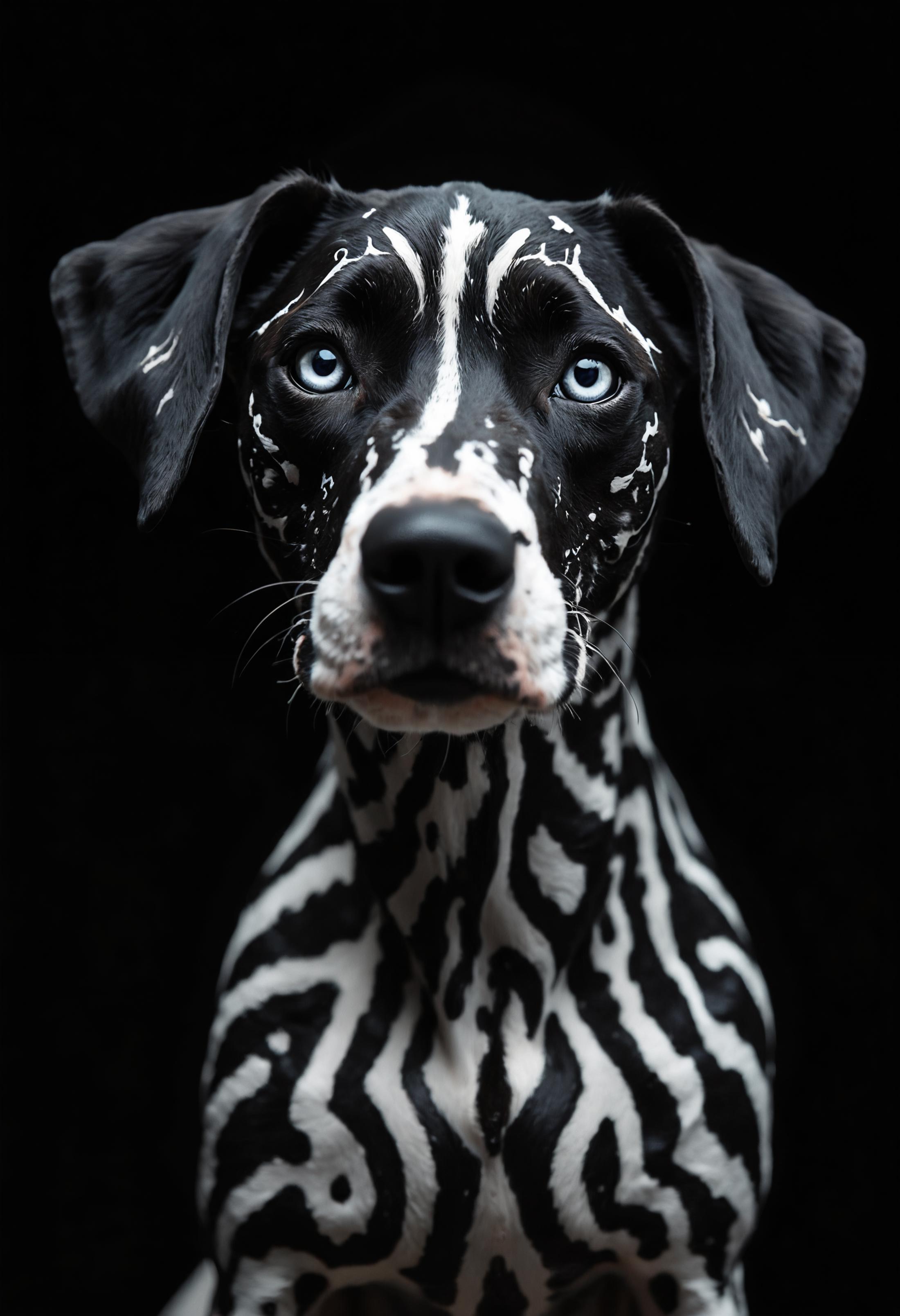 Hyperrealistic close-up portrait of a Dalmatian dog with striking, artificially painted geometric patterns. The dog's face and upper body are covered in bold, precise white stripes and shapes against its natural black fur, creating a mesmerizing optical illusion. The pattern features straight lines, right angles, and symmetrical designs reminiscent of tribal or futuristic art.
The dog's alert, intelligent eyes stand out against the black and white contrast, conveying a sense of curiosity and mild confusion. Its ears are perked up, adding to the attentive expression. The dog's nose is shiny and black, perfectly centered in the composition.
Shot against a pure black background, the lighting is dramatic and high-contrast, emphasizing the stark black and white patterns. The illumination highlights the texture of the dog's short fur and the glossiness of its eyes.
Every detail is captured with precision: individual hairs, the subtle variations in the dog's skin texture, and the crisp edges of the painted patterns. The image is composed as a head and shoulder shot, filling the frame with the dog's uniquely adorned face and upper body.
The overall effect is a striking blend of nature and artificial design, creating an image that is both familiar and surreal, captured with the clarity and depth of a high-end fashion or wildlife photograph.