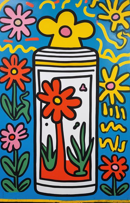 masterpiece,best quality,<lora:tbh164-sdxl:0.9>,illustration,style of Keith Haring, A bottle of perfume in garden