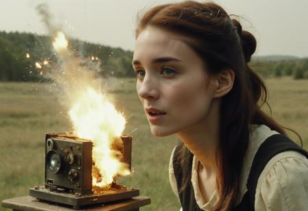 , rmara person discovers an old projector that brings movie characters to life ,, (((explosion artstyle:1.74))),  <lora:Rooney Mara SDXL - Trigger is RMara Person:1>  <lora:Explosion Artstyle - Trigger is Explosion Artstyle:.8>