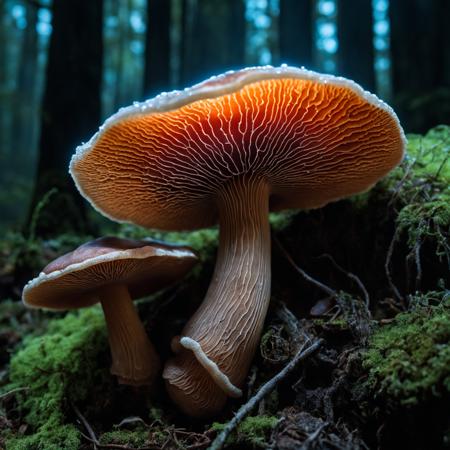 Macro shot of Reishi Mushroom with Bioluminescent Mycelium <lora:MyShroom:0.4>