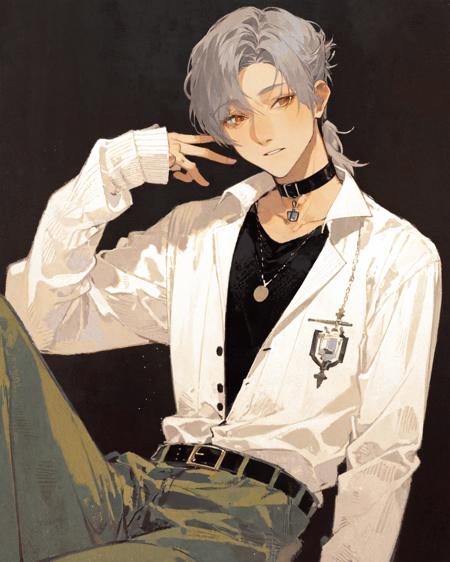 masterpiece, best quality, extremely detailed, detailed background, detailed face, parted bangs, 1boy, male focus, solo, long hair, shirt, white background, belt, black shirt, looking at viewer, chain, pants, long sleeves, collar, simple background, grey hair, black belt, orange eyes, jewelry, choker, half updo, grey pants, parted lips, sleeves past wrists, collared shirt, yellow eyes, black collar, collarbone, striped, hand up, sitting,  <lora:mgm128dim-epoch-000008:1>