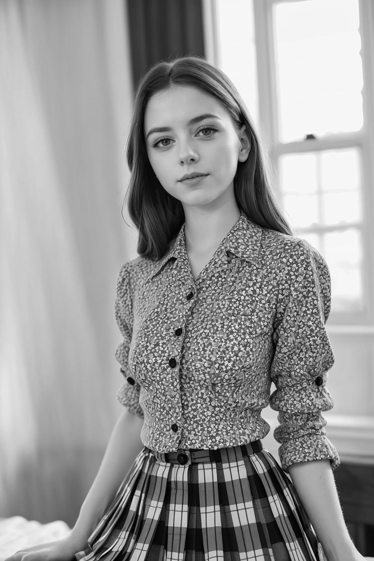 A young woman wearing a plaid skirt and a flowered shirt.