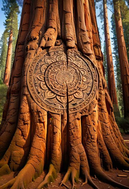 ancient mandala carved into a towering sequoia tree, sunlight casts long shadows, mystical, spiritual, roots, forest background