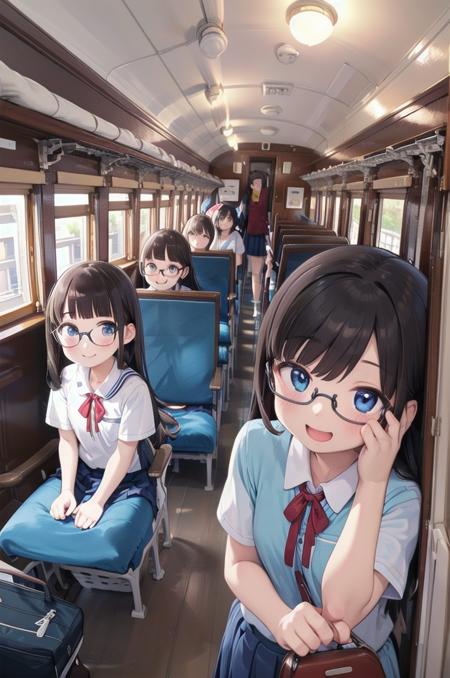 best quality, ultra-detailed, illustration,
oha35, train interior, scenery, seat, indoors, chair, window, ceiling, ceiling light,
multiple girls, school uniform, black hair, glasses, school bag, smile, laughing, looking at viewer, 
 <lora:JNR_oha35_SD15_V4_DIM4:1>