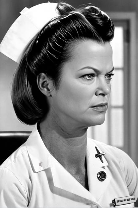 Nurse Ratched woman A comic book panel showing Nurse Ratched's stern face as she lays down the rules of the ward, bold lines, strong contrast, and monochromatic colors