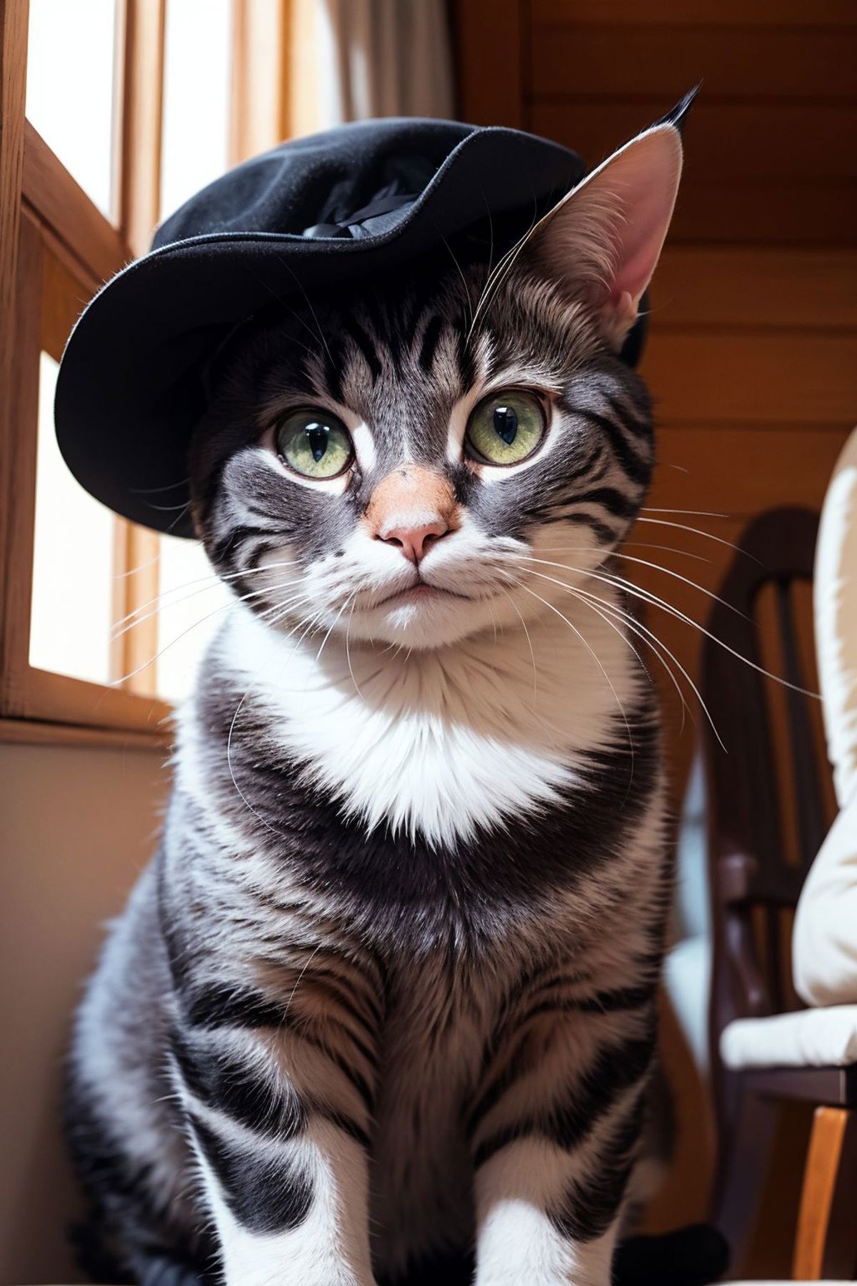 A gray and white cat with a black hat sitting in a chair.