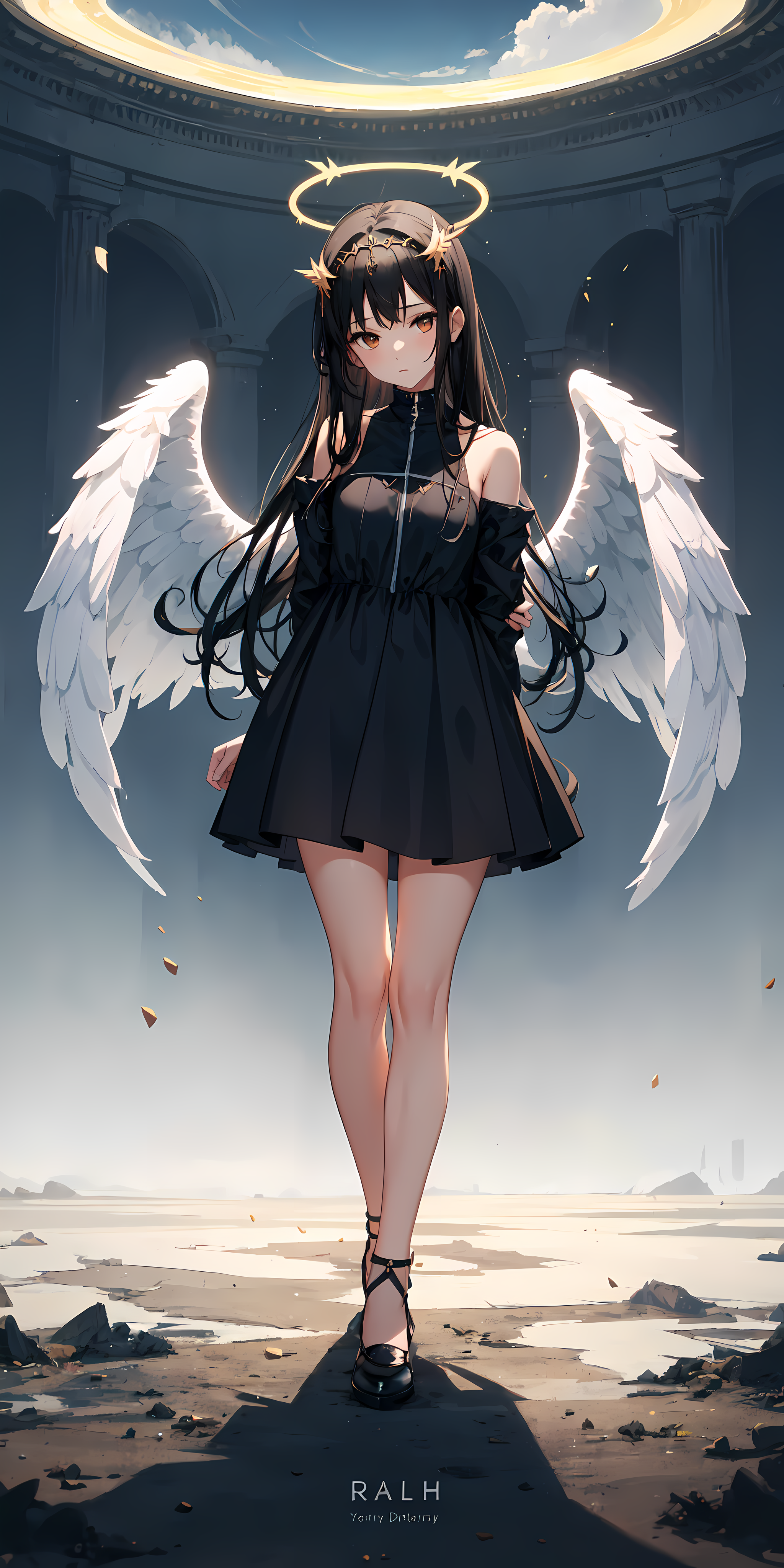(****), 1girl, black hair, angel of death, innocent, brown eyes, diadem, angel wings, black clothes, full body, arms behin...