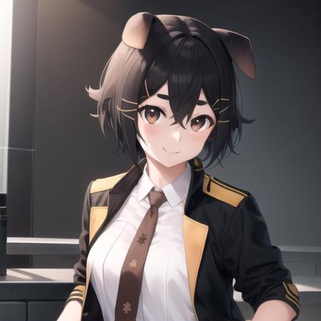 ((masterpiece)),(best quality),official art,extremely detailed CG,unity 8k wallpaper,ultra detailed,perfect lighting,1girl,solo,upper body,(portrait:1.2),jackie (arknights),animal ears,bangs,medium breasts,black footwear,black gloves,black hair,black jacket,brown eyes,brown neckwear,dog ears,grey skirt,hair between eyes,knee pads,looking at viewer,miniskirt,necktie,open jacket,pleated skirt,shoes,short hair,short sleeves,smile,thigh strap,white shirt,<lora:Jackie(ark)>,