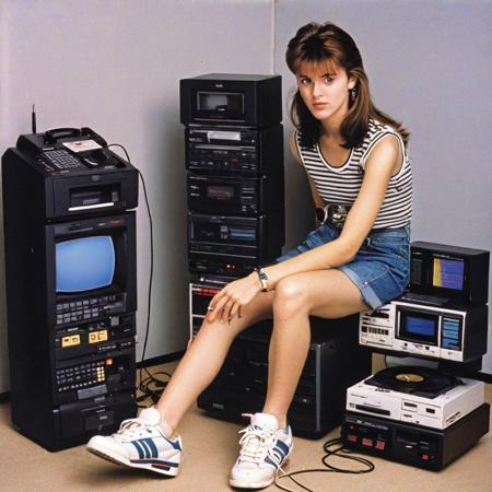 (((nec pc-8801))), at phone, videocassette recorder, cd player, hi-fi rack, corded phone, stereo, 1980s (style), 1girl, sneakers, late 20th century nostalgia