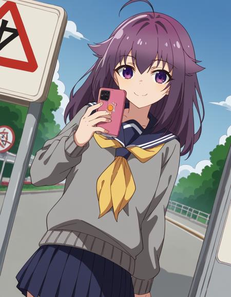 anko koshi, long hair, bangs, purple eyes, purple hair, ahoge, hair flaps, skirt, long sleeves, school uniform, pleated skirt, serafuku, sailor collar, sweater, blue skirt, neckerchief, yellow neckerchief, grey sweater