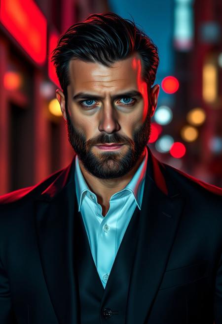 A simple uncluttered mid-length high-fashion photo of a 30yo 7' tall, broad-shouldered, muscular scruffy rugged extremely-attractive bearded burly dangerous-looking criminal Italian-man mob-boss sexy male-model with dark-hair wearing a black suit. His gaze is intense, his blue eyes well-lit. lens-flare, vibrant, highest-quality, iridescent, street-photo, urban, red, white and blue color-scheme, light-art, in-motion, dynamic